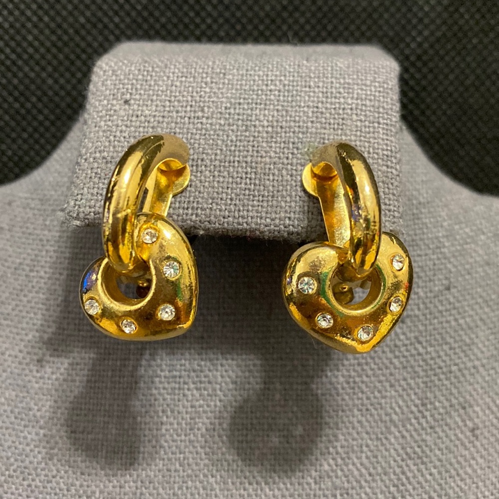 Vintage gold with dangling rhinestone heart clip on earrings